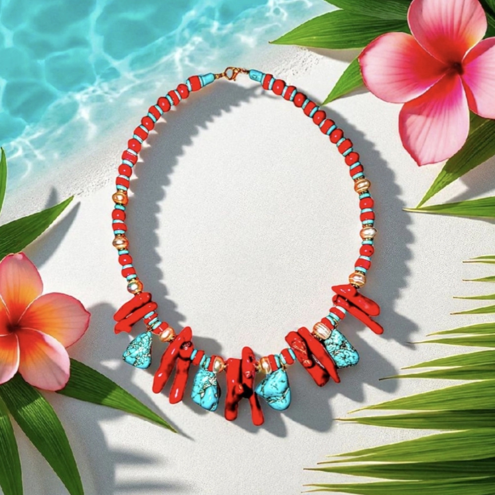 Turquoise Red Corals & Pearls Necklace
